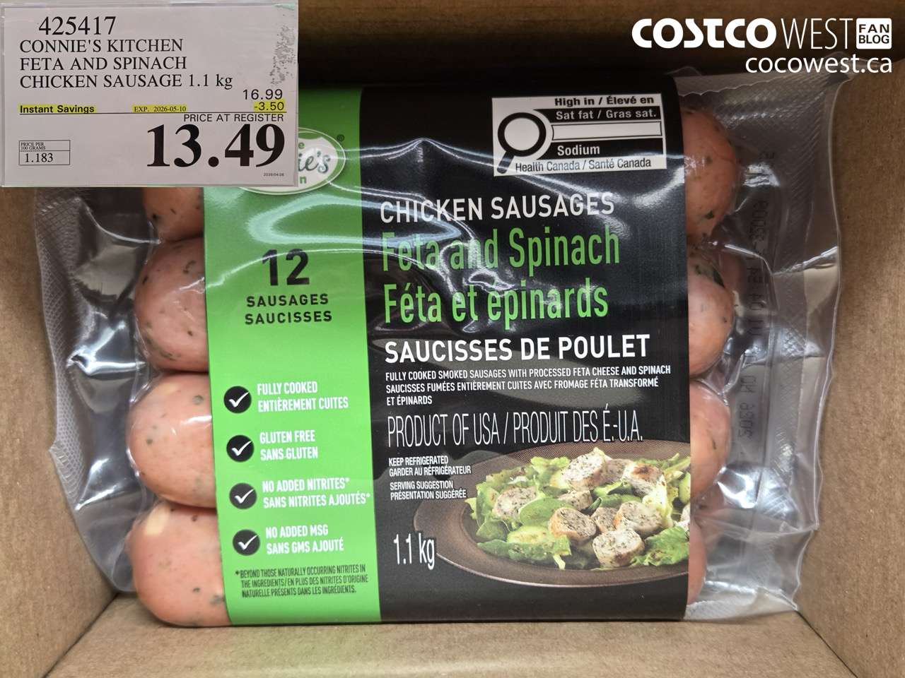 425417 CONNIE'S KITCHEN FETA AND SPINACH CHICKEN SAUSAGE 1.1 KG ($3.50 INSTANT SAVINGS EXPIRES ON 2026-05-10) $13.49