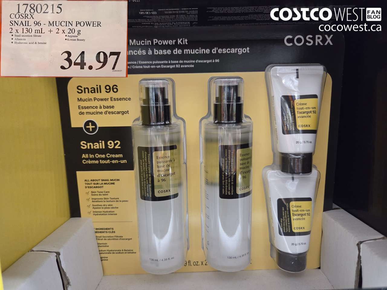 1780215 COSRX SNAIL 96 - MUCIN POWER 2 X 130 ML + 2 X 20 G $34.97