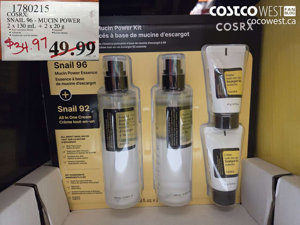 1780215 COSRX SNAIL 96 - MUCIN POWER 2 x 130 mL + 2 x 20 g $34.97