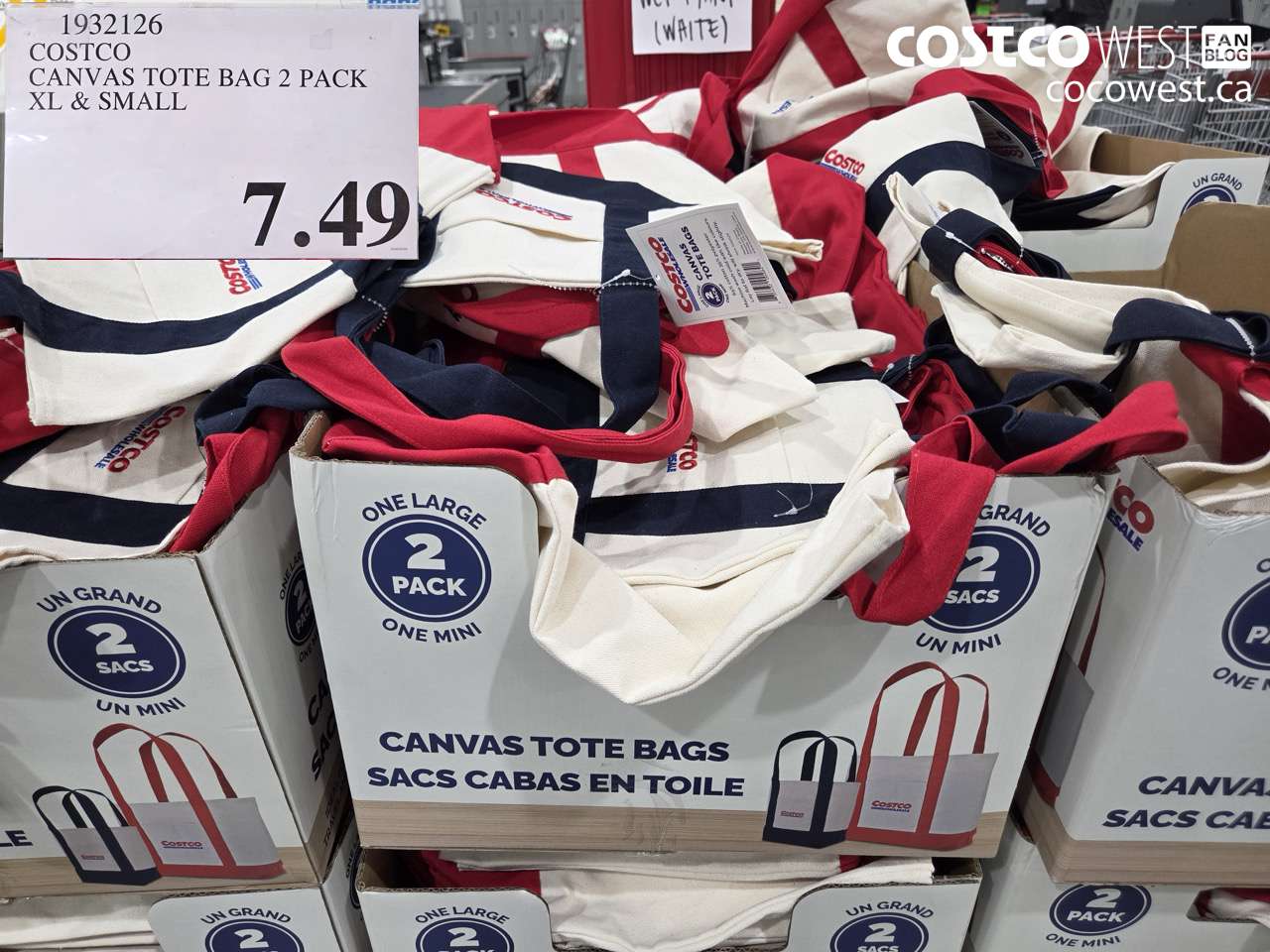 1932126 COSTCO CANVAS TOTE BAG 2 PACK XL & SMALL $7.49
