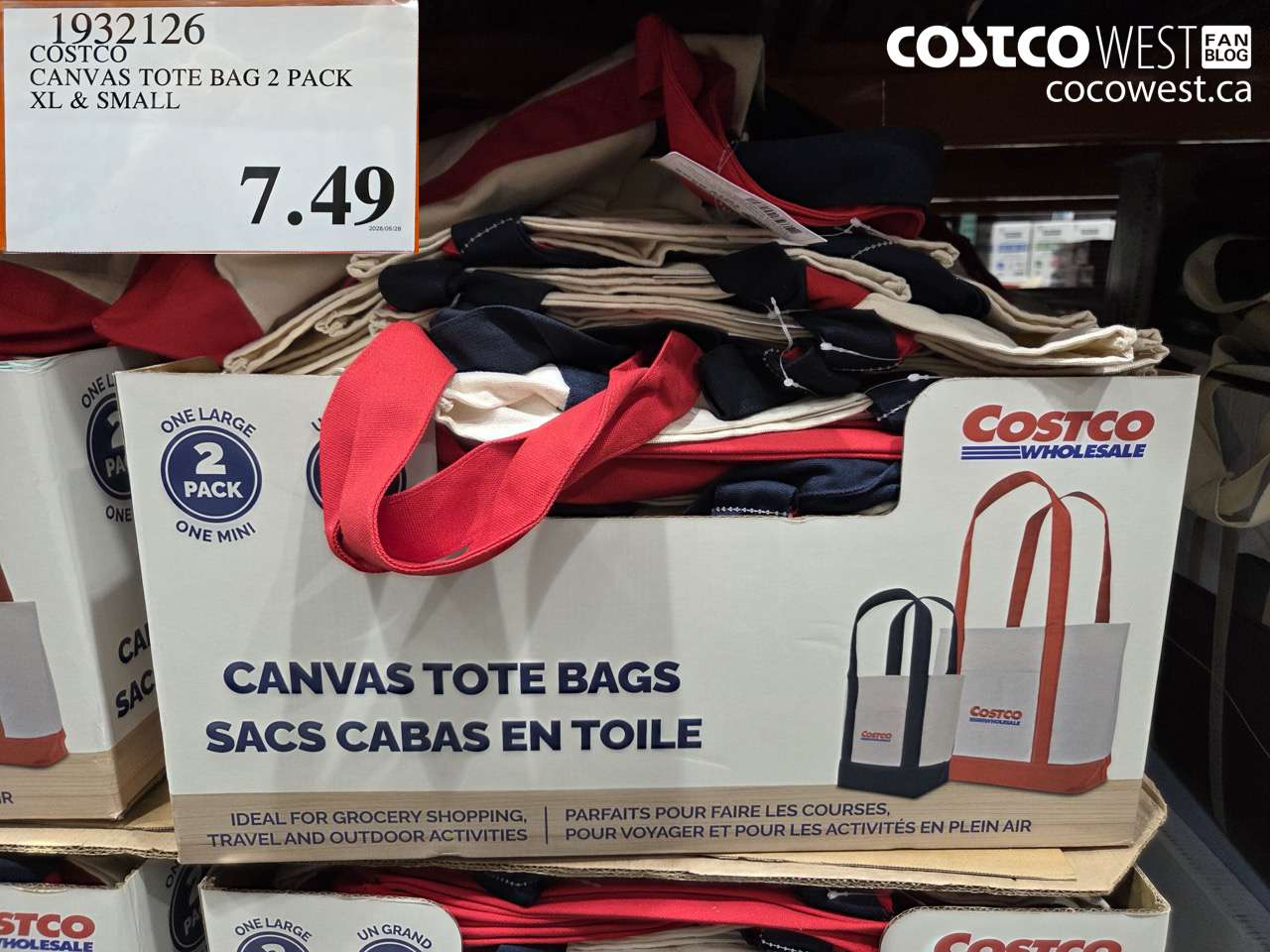 1932126 COSTCO CANVAS TOTE BAG 2 PACK XL & SMALL $7.49