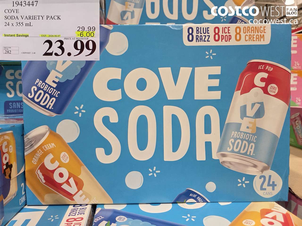 1943447 COVE SODA VARIETY PACK 24 X 355 ML ($6.00 INSTANT SAVINGS EXPIRES ON 2026-06-07) $23.99
