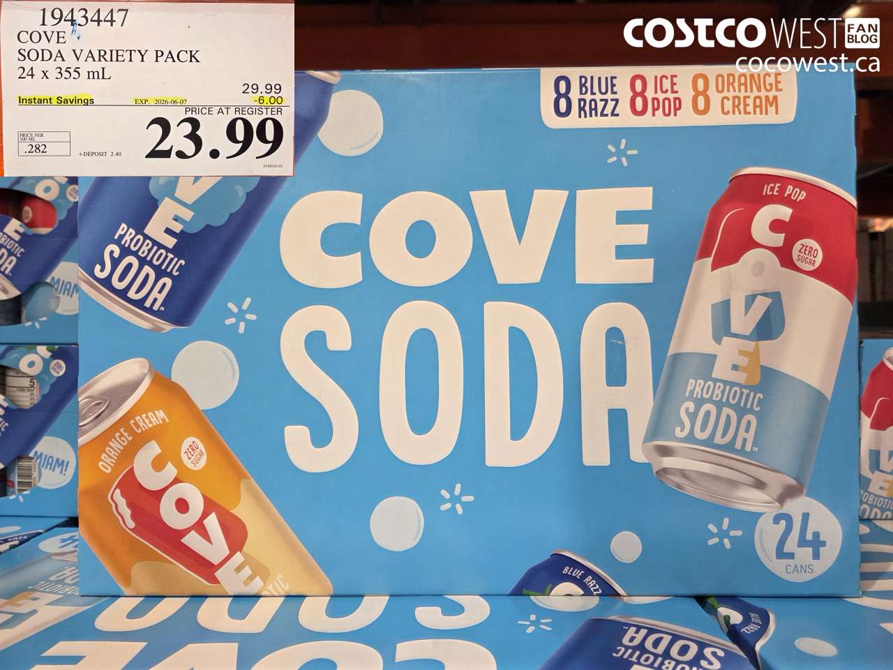 1943447 COVE SODA VARIETY PACK 24 X 355 ML ($6.00 INSTANT SAVINGS EXPIRES ON 2026-06-07) $23.99