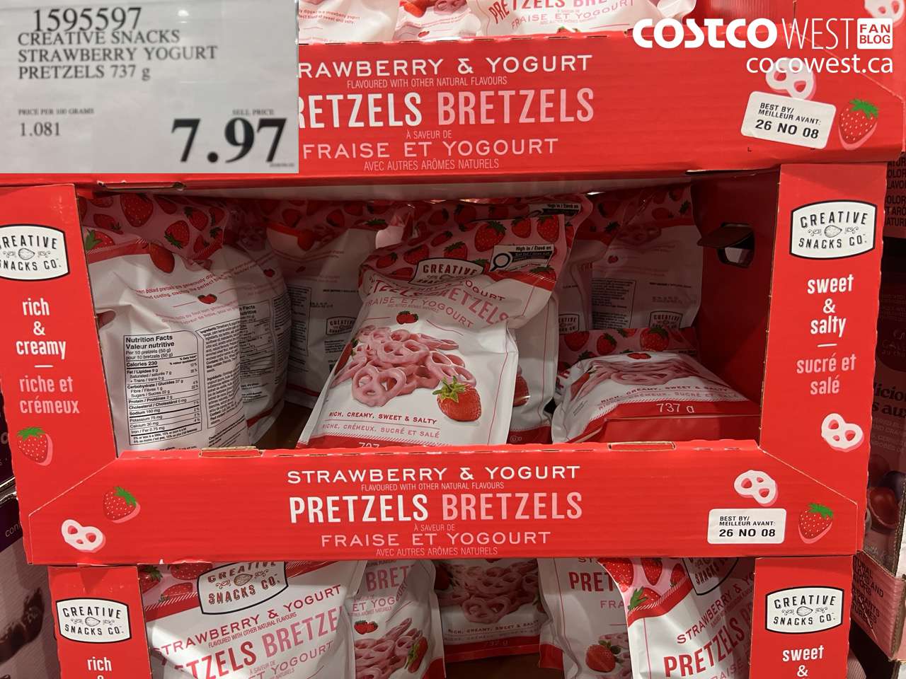 1595597 CREATIVE SNACKS STRAWBERRY YOGURT PRETZELS 737 G $7.97