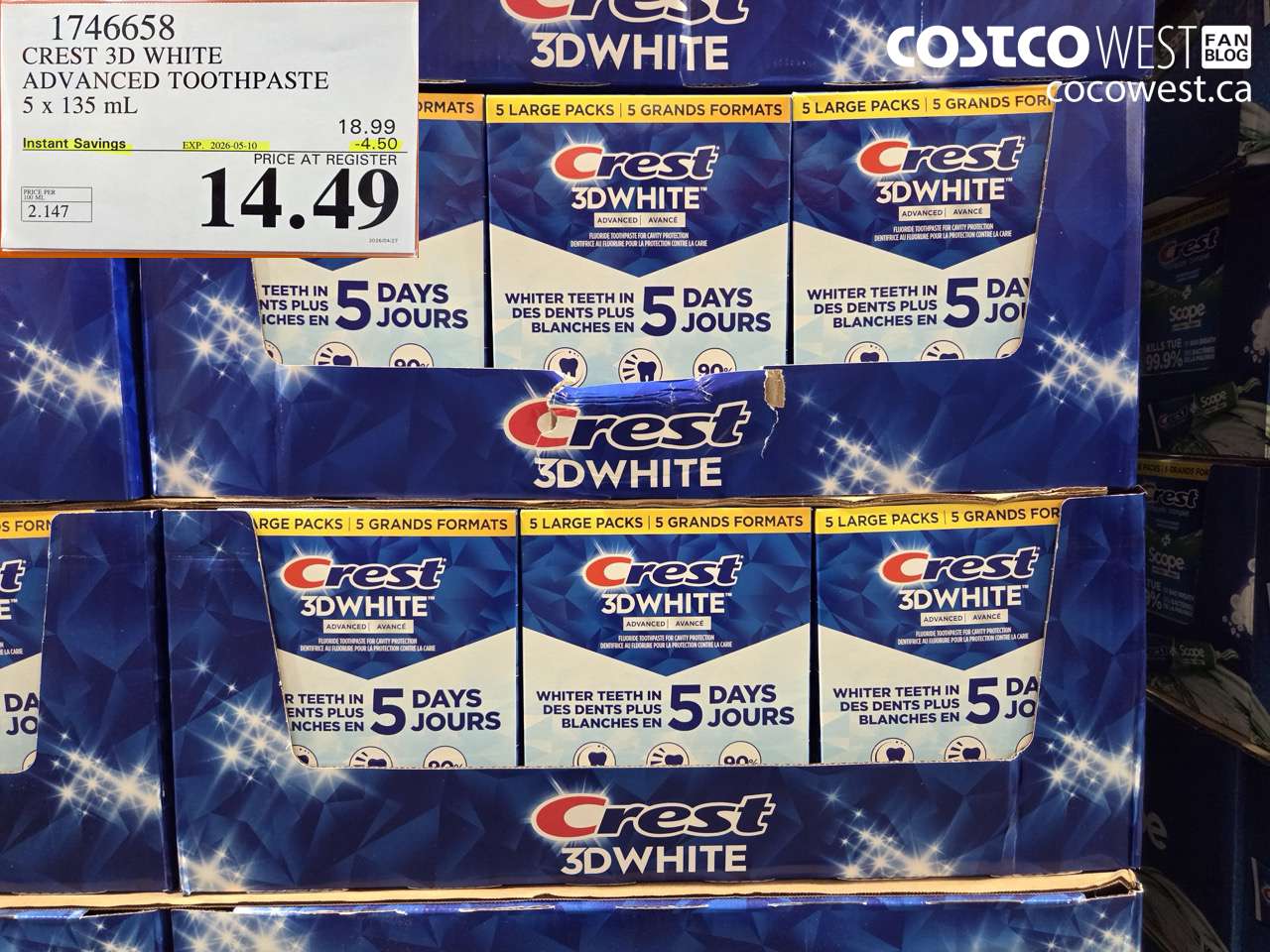 1746658 CREST 3D WHITE ADVANCED TOOTHPASTE 5 X 135 ML ($4.50 INSTANT SAVINGS EXPIRES ON 2026-05-10) $14.49