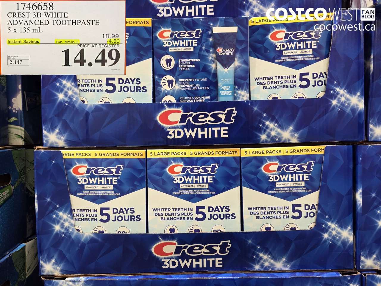 1746658 CREST 3D WHITE ADVANCED TOOTHPASTE 5 X 135 ML ($4.50 INSTANT SAVINGS EXPIRES ON 2026-05-10) $14.49