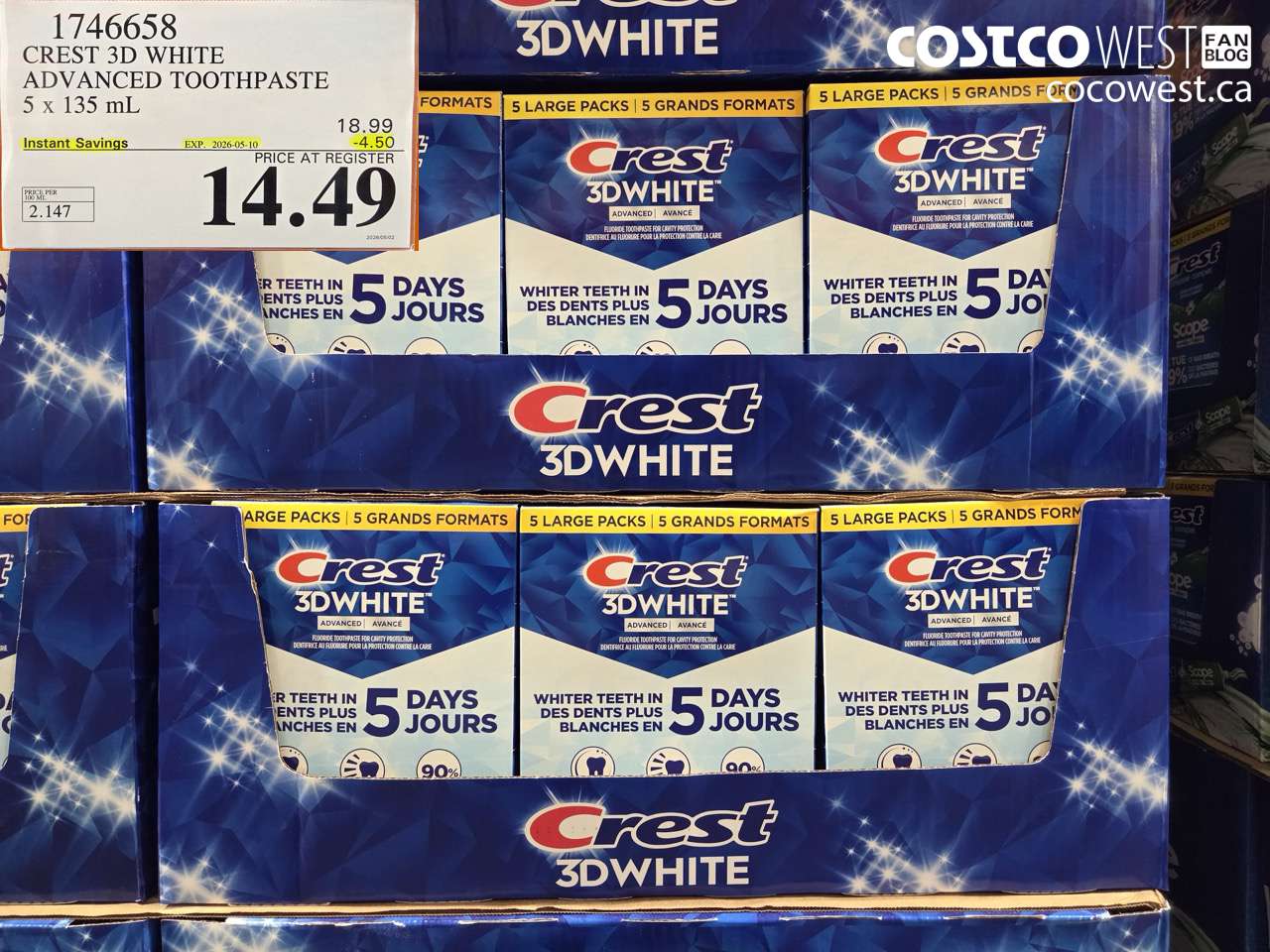 1746658 CREST 3D WHITE ADVANCED TOOTHPASTE 5 X 135 ML ($4.50 INSTANT SAVINGS EXPIRES ON 2026-05-10) $14.49