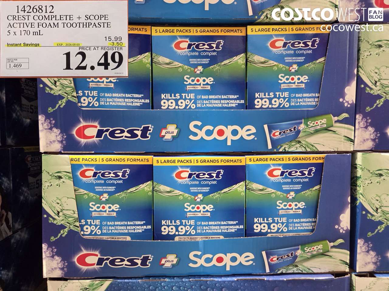 1426812 CREST COMPLETE + SCOPE ACTIVE FOAM TOOTHPASTE 5 X 170 ML ($3.50 INSTANT SAVINGS EXPIRES ON 2026-05-03) $12.49