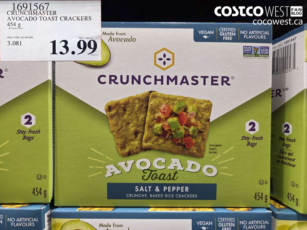 1691567 CRUNCHMASTER AVOCADO TOAST CRACKERS 454 G $13.99