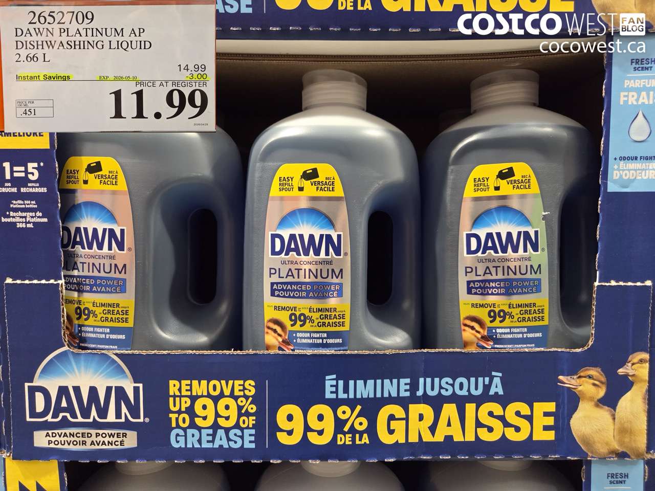 2652709 DAWN PLATINUM AP DISHWASHING LIQUID 2.66 L ($3.00 INSTANT SAVINGS EXPIRES ON 2026-05-10) $11.99