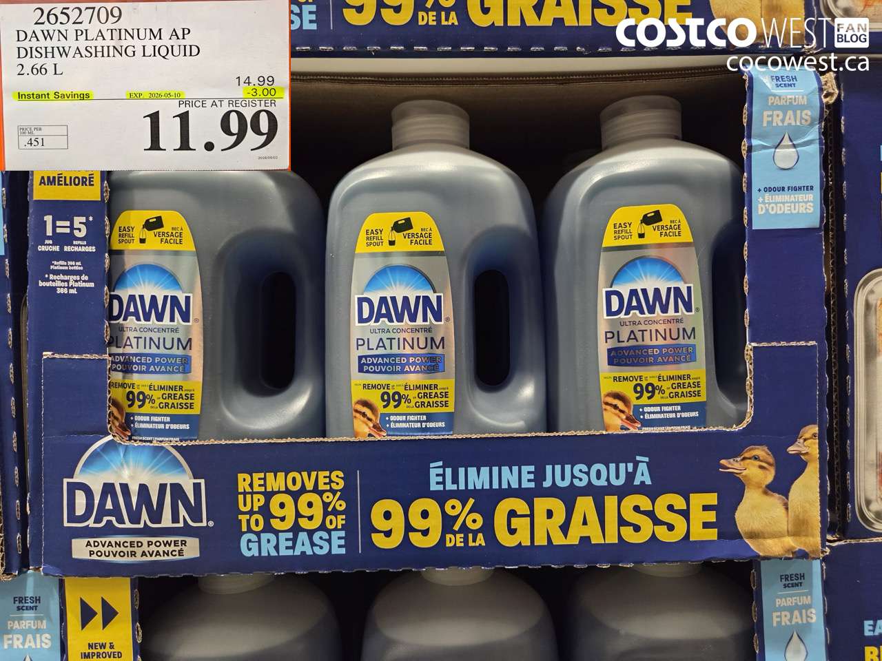 2652709 DAWN PLATINUM AP DISHWASHING LIQUID 2.66 L ($3.00 INSTANT SAVINGS EXPIRES ON 2026-05-10) $11.99