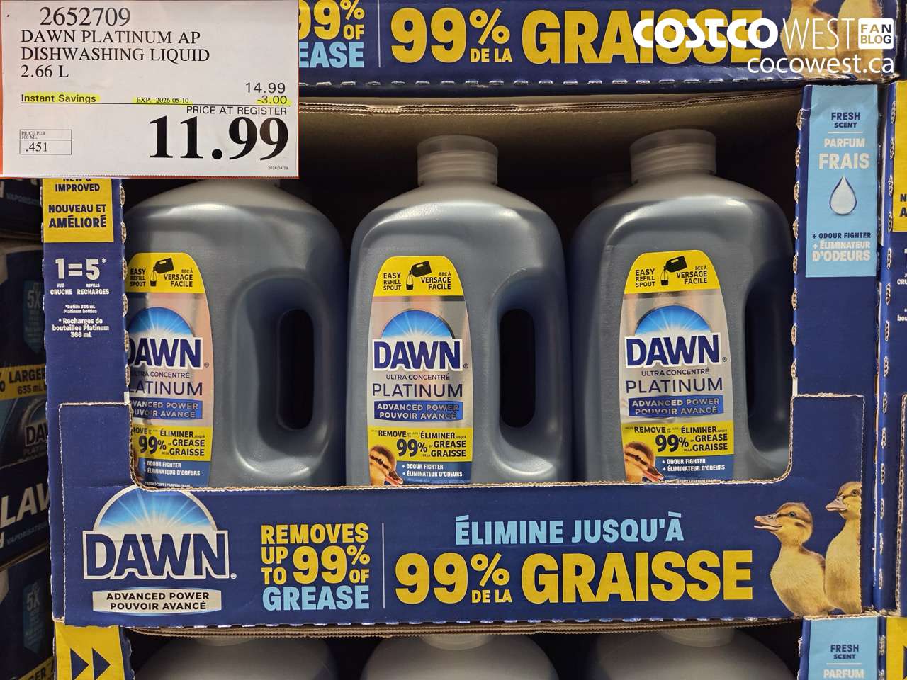 2652709 DAWN PLATINUM AP DISHWASHING LIQUID 2.66 L ($3.00 INSTANT SAVINGS EXPIRES ON 2026-05-10) $11.99