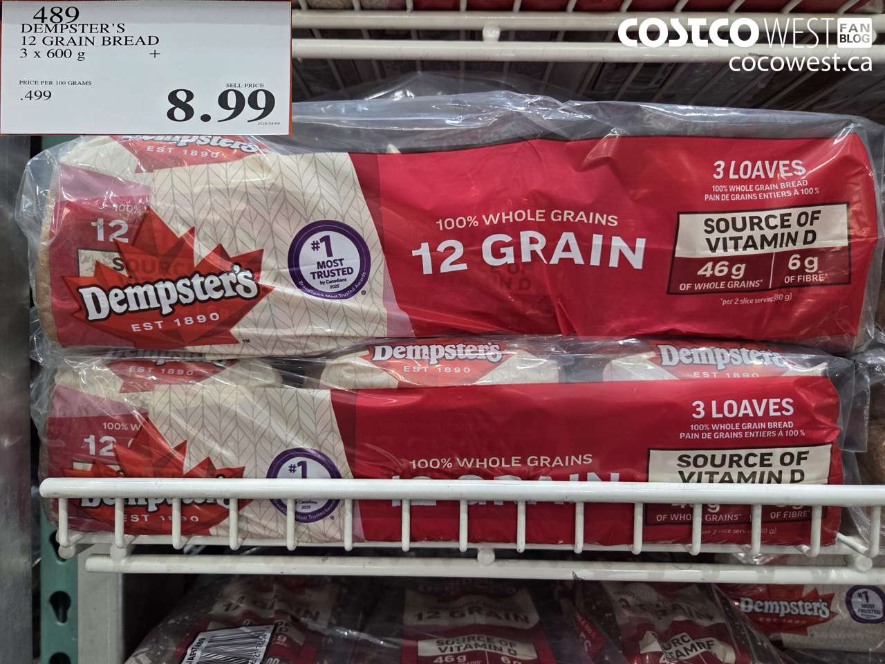 489 DEMPSTER'S 12 GRAIN BREAD 3 X 600 G $8.99