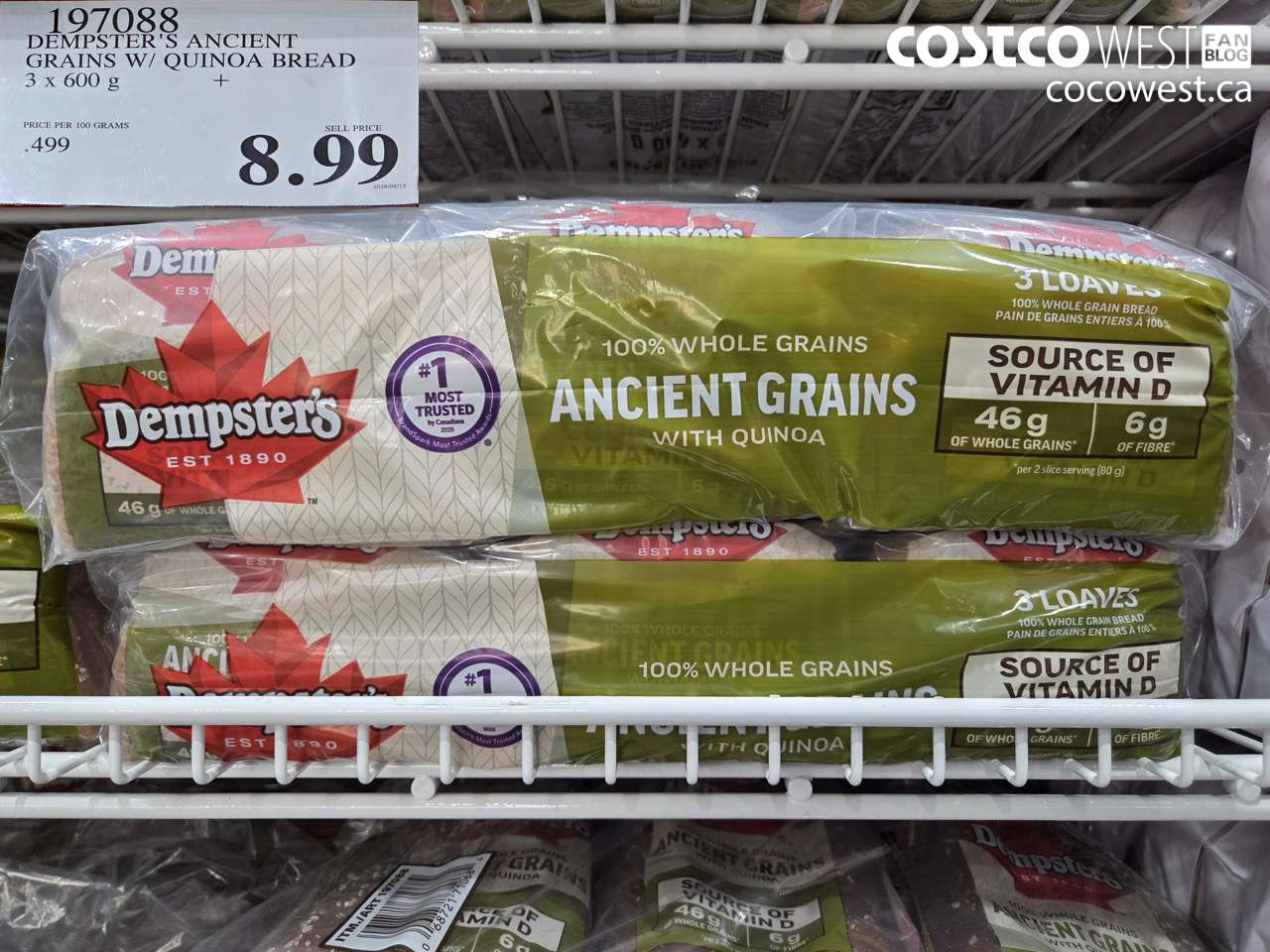 197088 DEMPSTER'S ANCIENT GRAINS W/ QUINOA BREAD 3 X 600 G $8.99