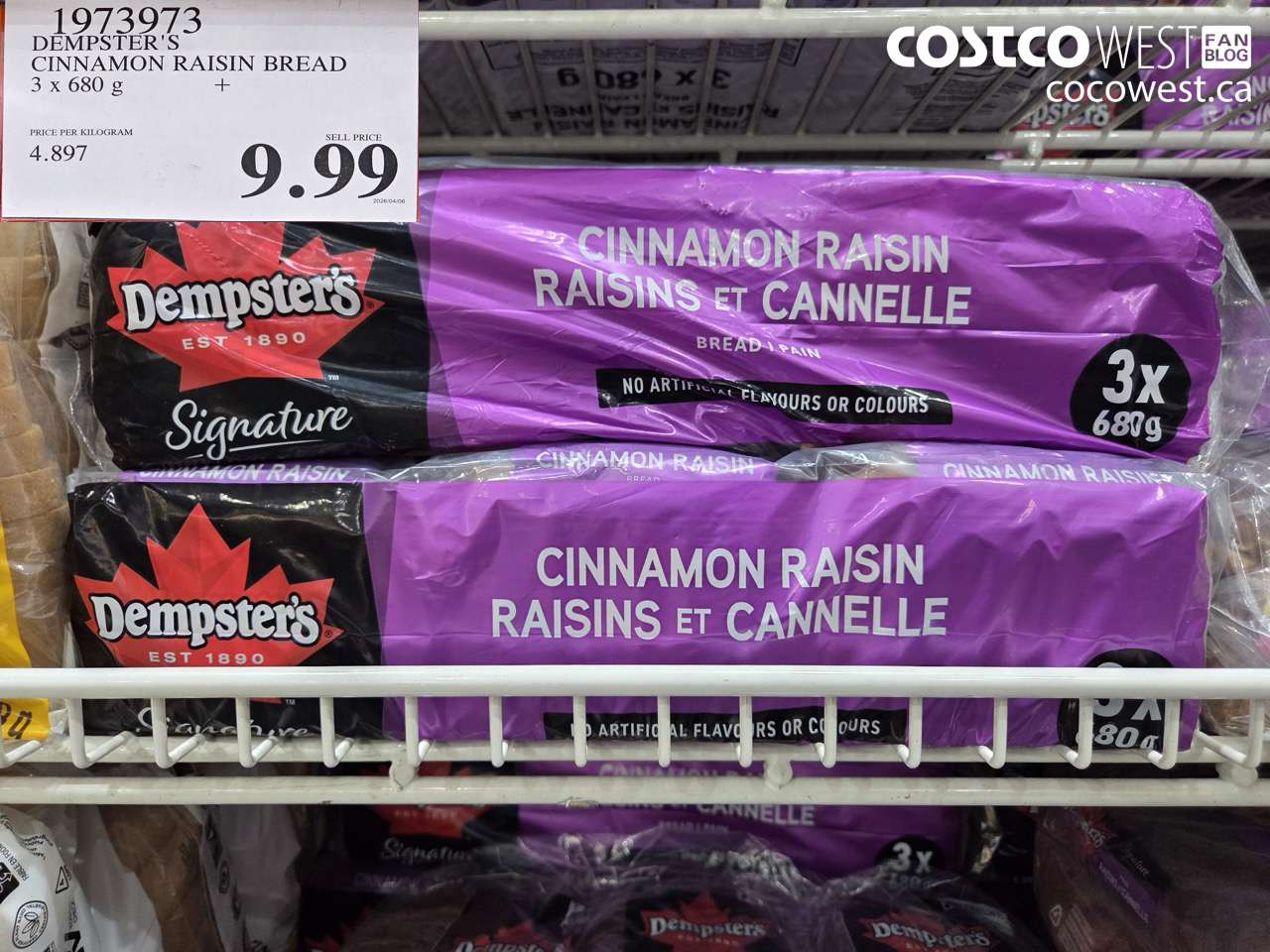 1973973 DEMPSTER'S CINNAMON RAISIN BREAD 3 X 680 G $9.99