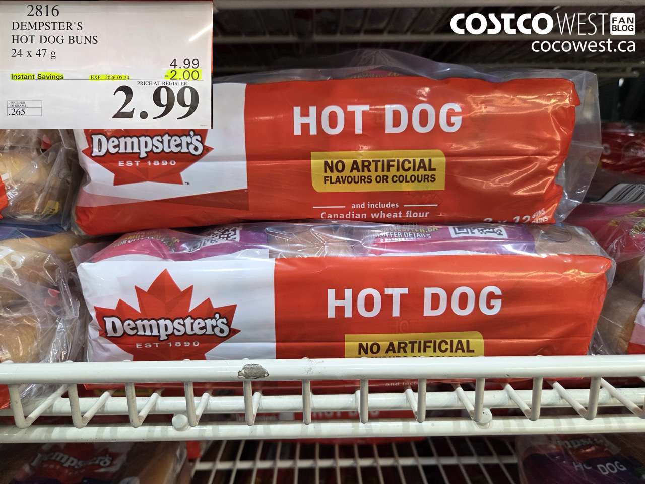 2816 DEMPSTER'S HOT DOG BUNS 24 X 47 G ($2.00 INSTANT SAVINGS EXPIRES ON 2026-05-24) $2.99