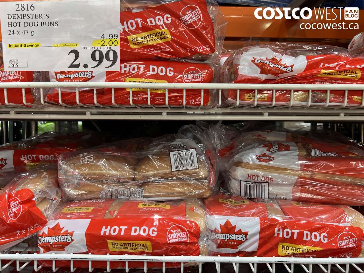 2816 DEMPSTER'S HOT DOG BUNS 24 X 47 G ($2.00 INSTANT SAVINGS EXPIRES ON 2026-05-24) $2.99