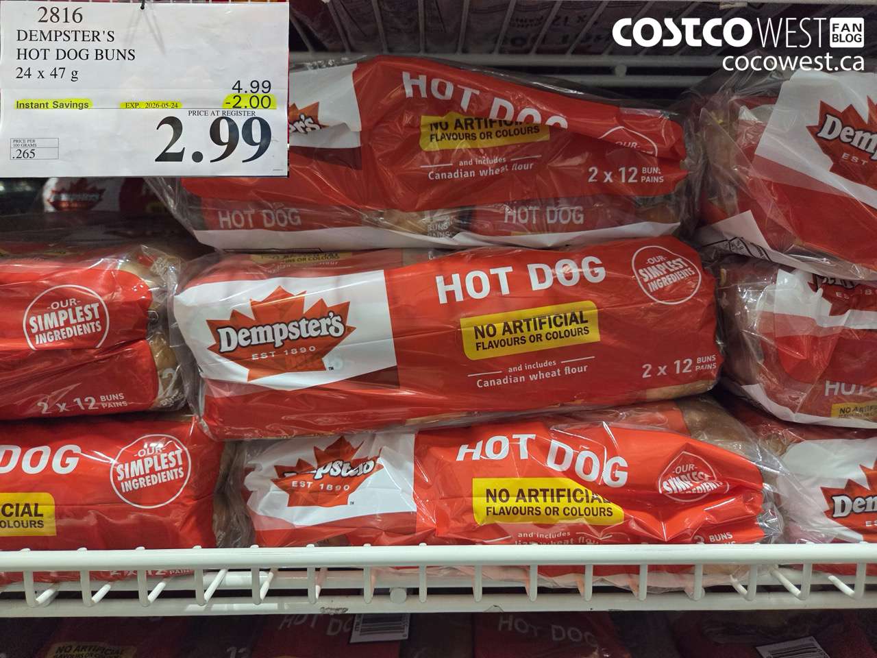2816 DEMPSTER'S HOT DOG BUNS 24 X 47 G ($2.00 INSTANT SAVINGS EXPIRES ON 2026-05-24) $2.99
