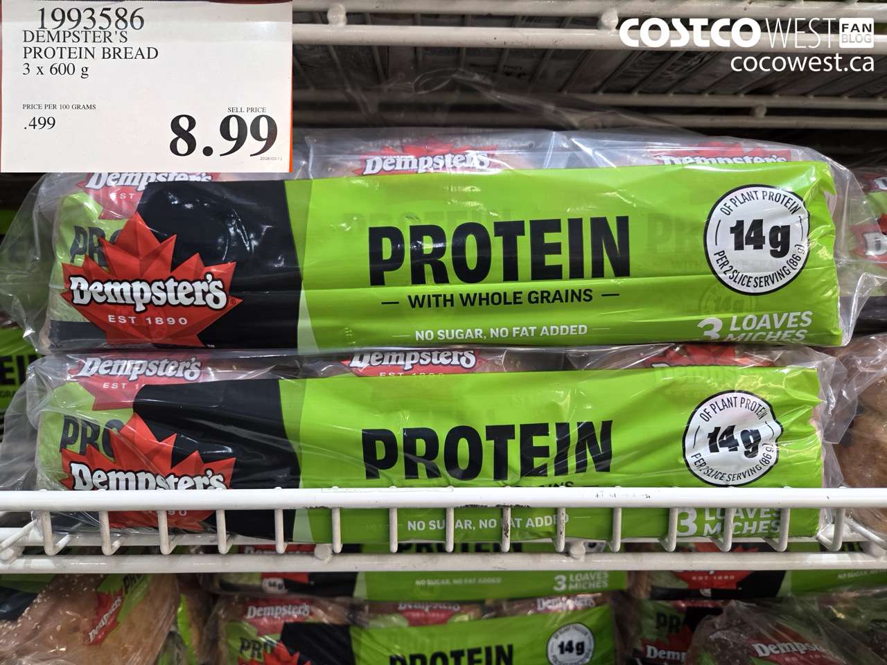 1993586 DEMPSTER'S PROTEIN BREAD 3 X 600 G $8.99