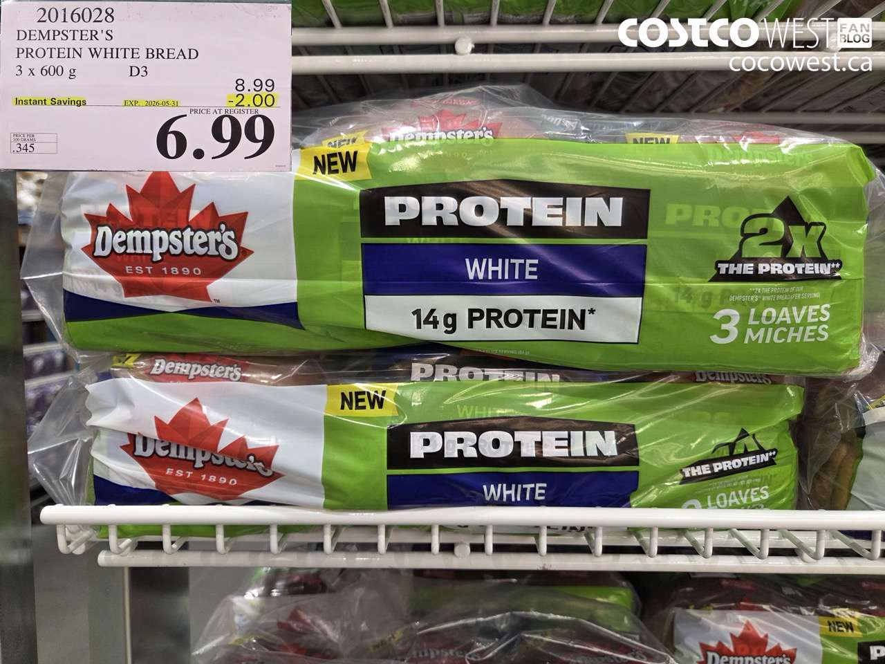 2016028 DEMPSTER'S PROTEIN WHITE BREAD 3 X 600 G ($2.00 INSTANT SAVINGS EXPIRES ON 2026-05-31) $6.99