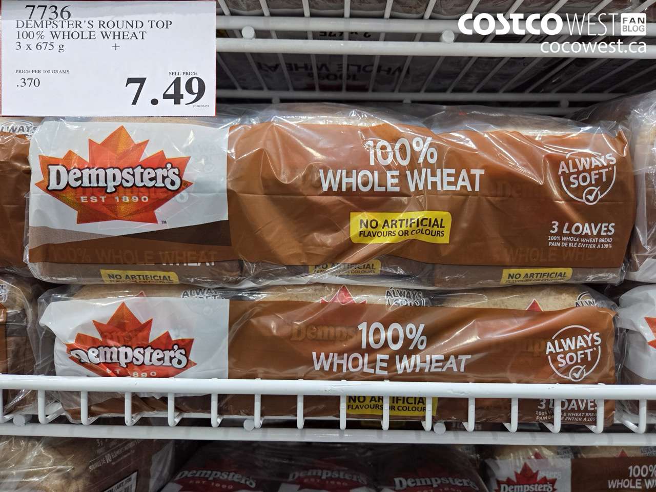 7736 DEMPSTER'S ROUND TOP 100% WHOLE WHEAT 3 X 675 G $7.49