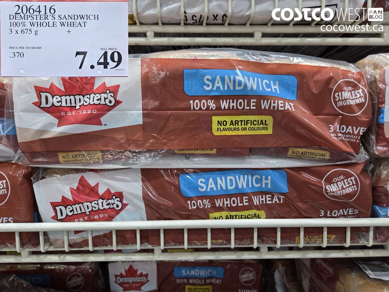 206416 DEMPSTER'S SANDWICH 100% WHOLE WHEAT 3 X 675 G $7.49