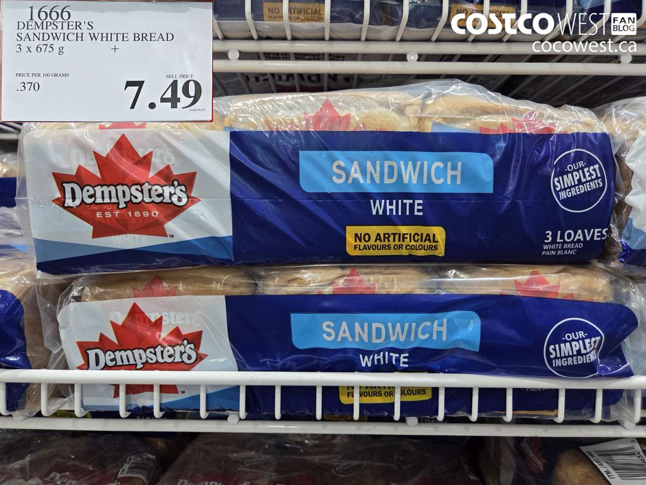 1666 DEMPSTER'S SANDWICH WHITE BREAD 3 X 675 G $7.49