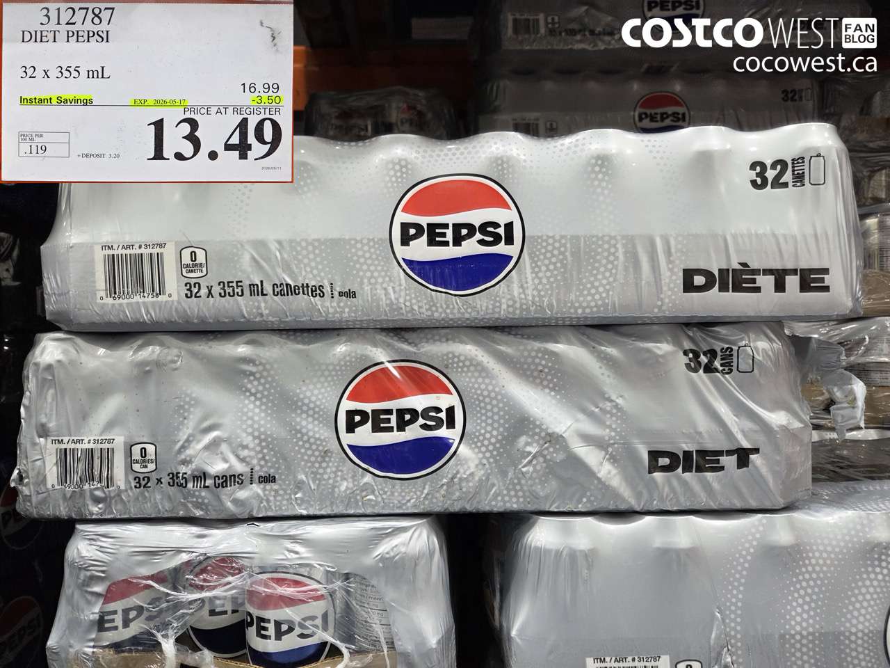 312787 DIET PEPSI 32 X 355 ML ($3.50 INSTANT SAVINGS EXPIRES ON 2026-05-17) $13.49
