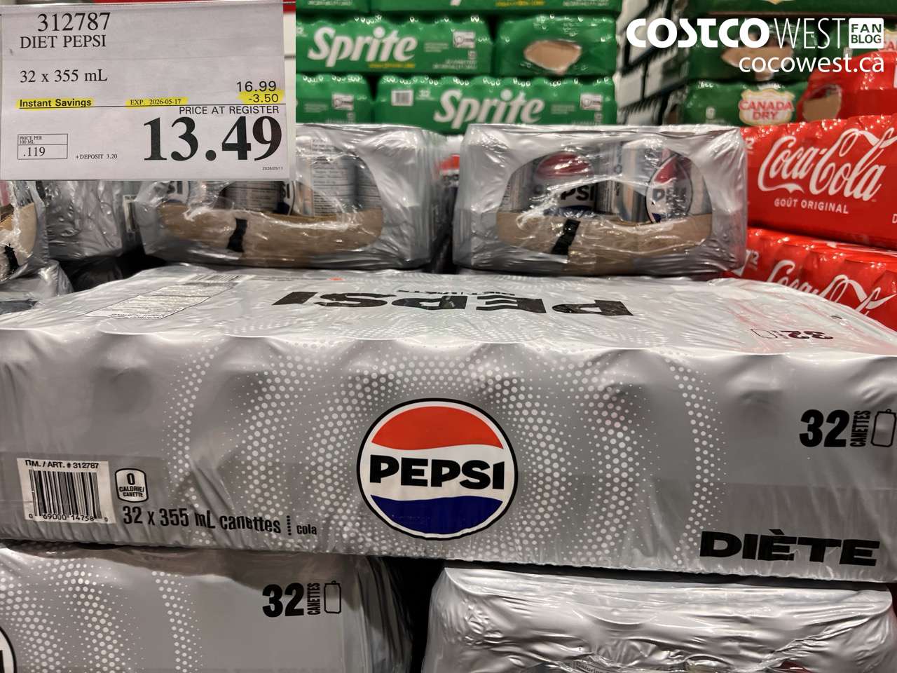 312787 DIET PEPSI 32 X 355 ML ($3.50 INSTANT SAVINGS EXPIRES ON 2026-05-17) $13.49