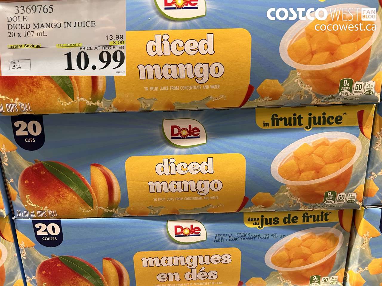 3369765 DOLE DICED MANGO IN JUICE 20 X 107 ML ($3.00 INSTANT SAVINGS EXPIRES ON 2026-05-17) $10.99