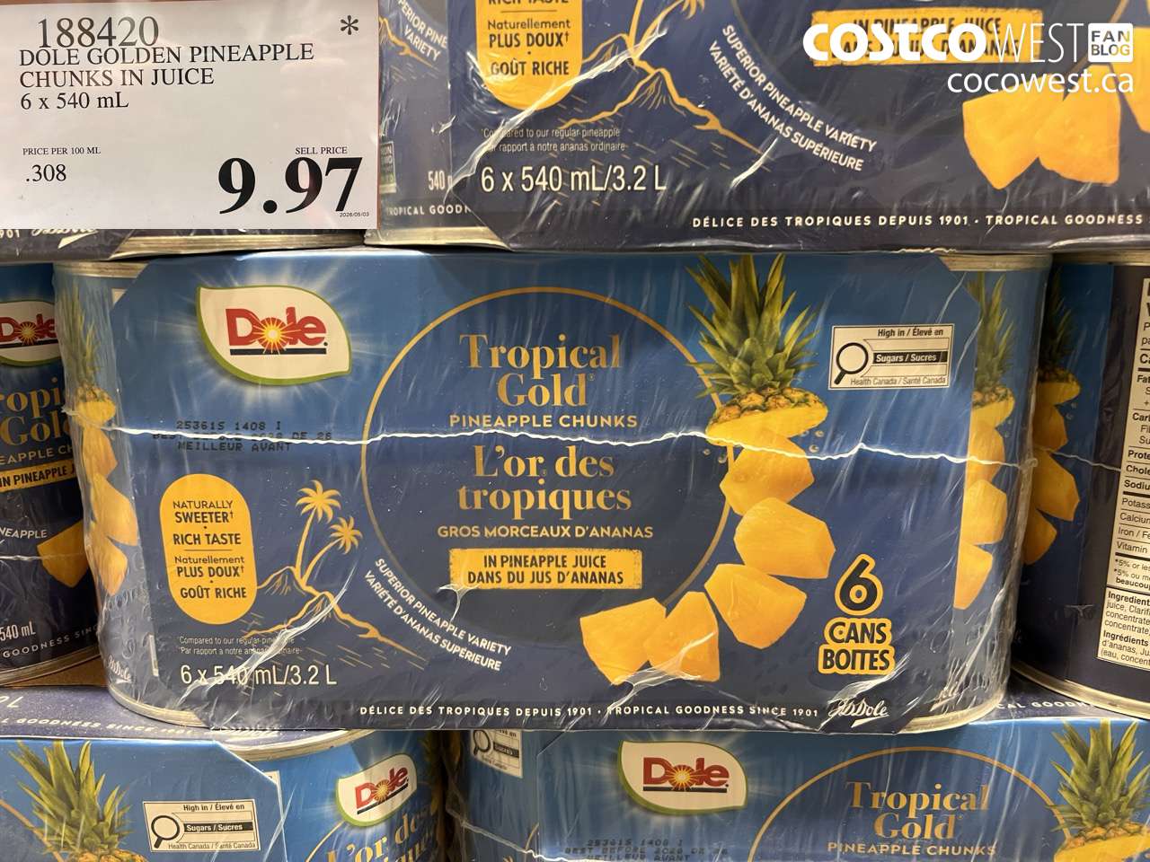188420 DOLE GOLDEN PINEAPPLE CHUNKS IN JUICE 6 X 540 ML $9.97