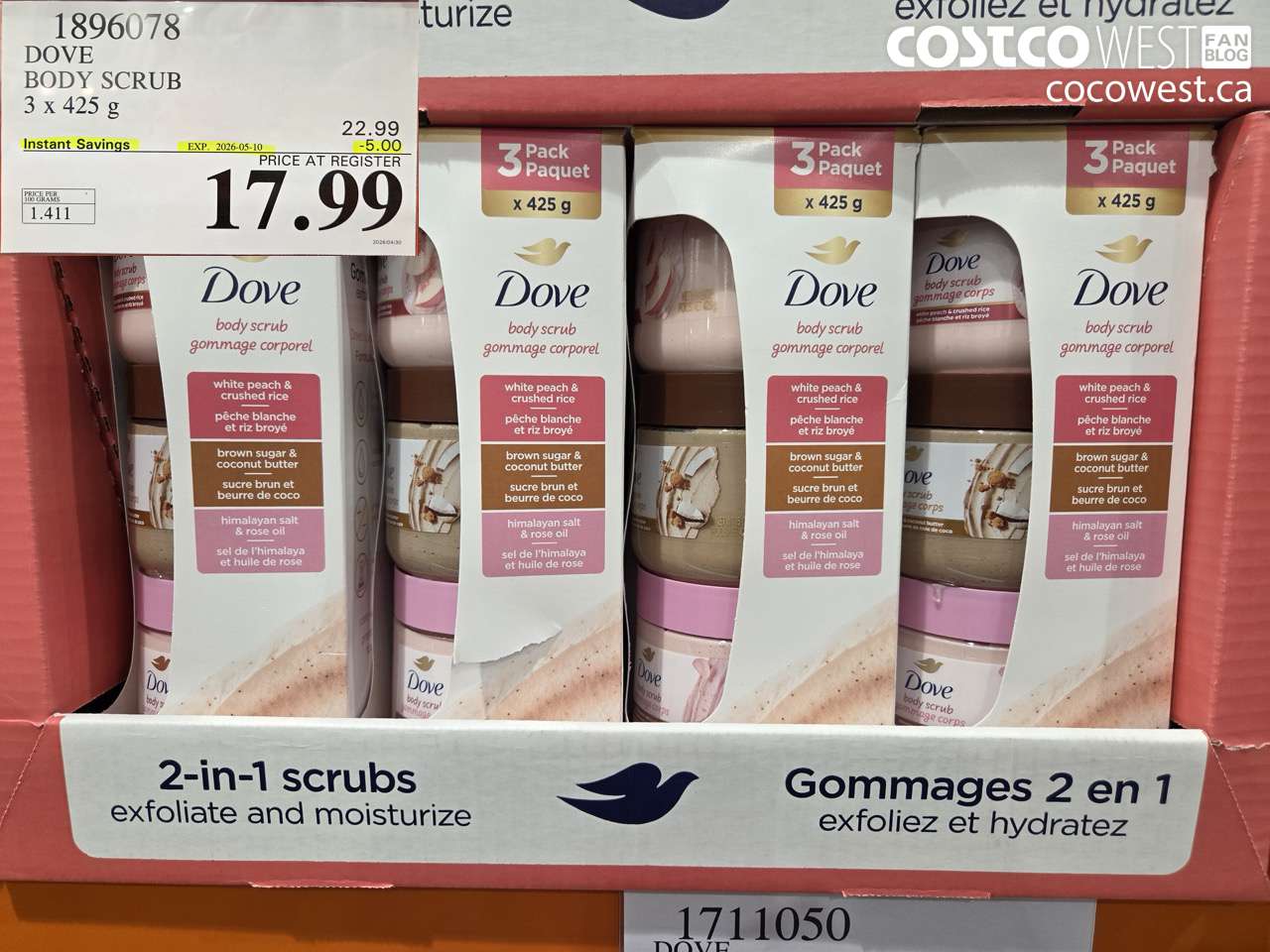1896078 DOVE BODY SCRUB 3 X 425 G ($5.00 INSTANT SAVINGS EXPIRES ON 2026-05-10) $17.99
