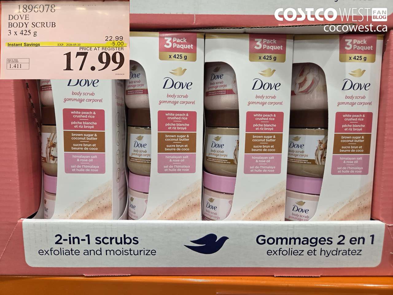 1896078 DOVE BODY SCRUB 3 X 425 G ($5.00 INSTANT SAVINGS EXPIRES ON 2026-05-10) $17.99