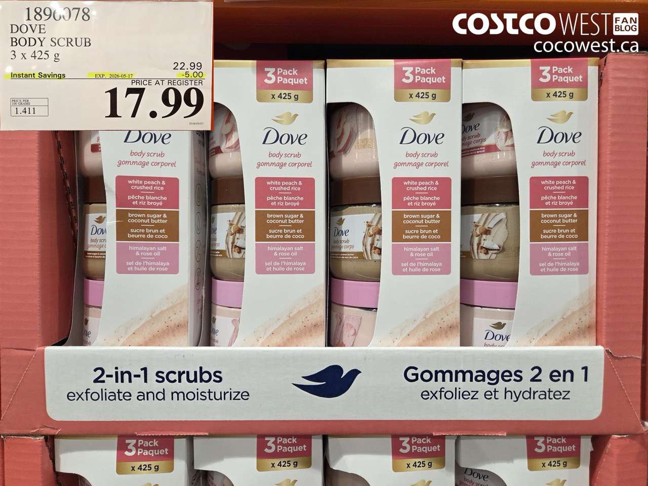 1896078 DOVE BODY SCRUB 3 X 425 G ($5.00 INSTANT SAVINGS EXPIRES ON 2026-05-17) $17.99