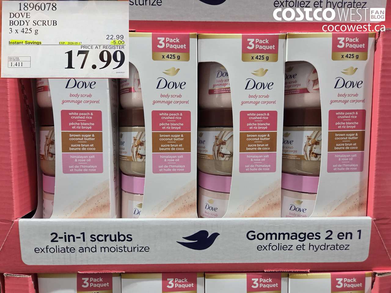 1896078 DOVE BODY SCRUB 3 X 425 G ($5.00 INSTANT SAVINGS EXPIRES ON 2026-05-17) $17.99