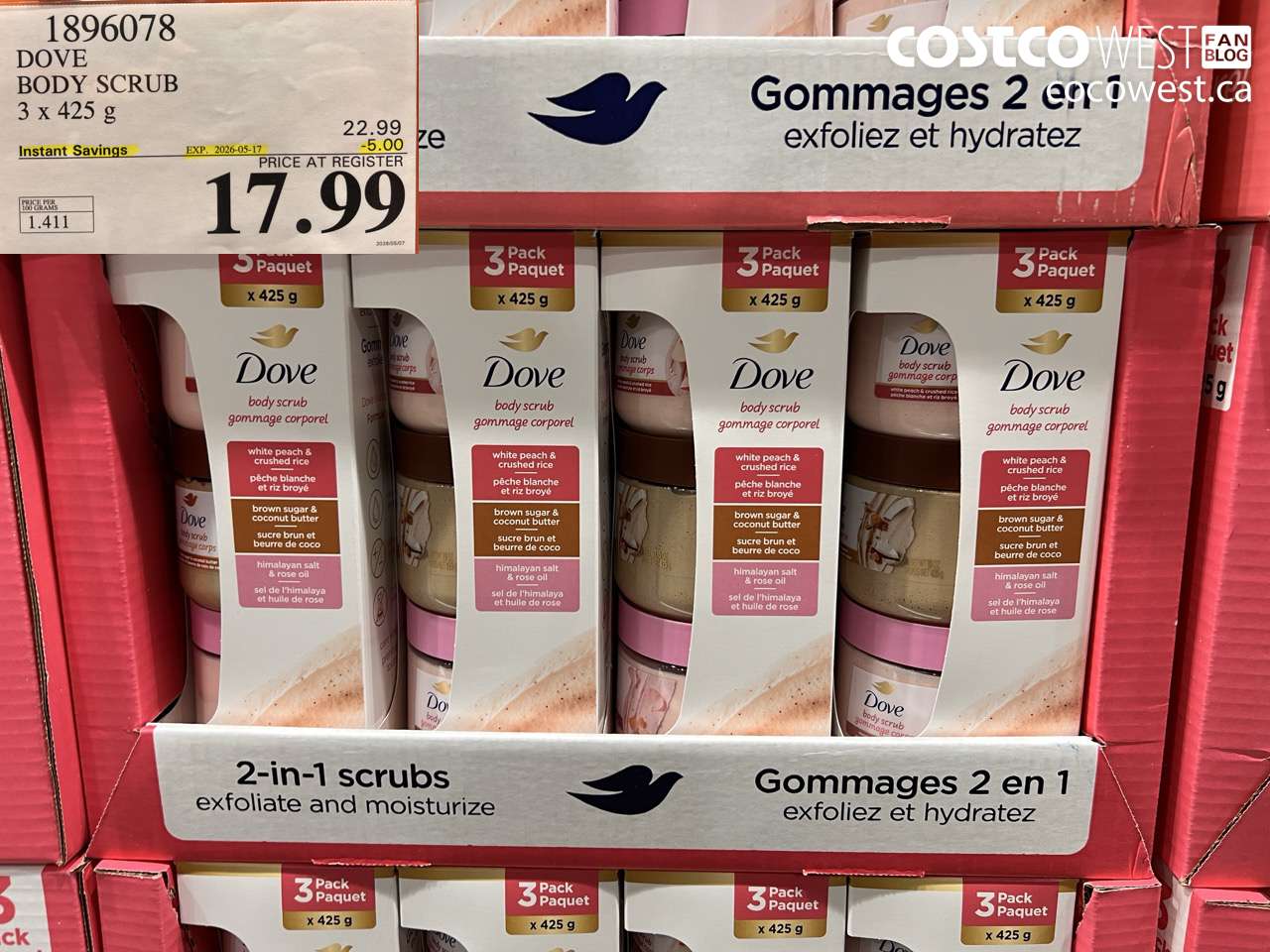 1896078 DOVE BODY SCRUB 3 X 425 G ($5.00 INSTANT SAVINGS EXPIRES ON 2026-05-17) $17.99