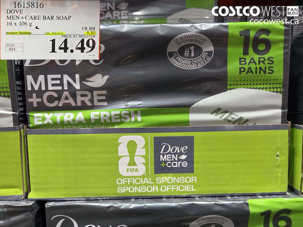 1615816 DOVE MEN+CARE BAR SOAP 16 X 106 G ($5.50 INSTANT SAVINGS EXPIRES ON 2026-05-19) $14.49