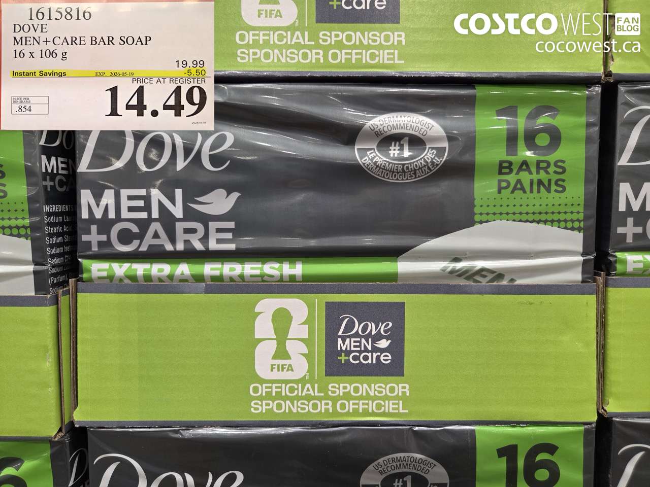 1615816 DOVE MEN+CARE BAR SOAP 16 X 106 G ($5.50 INSTANT SAVINGS EXPIRES ON 2026-05-19) $14.49