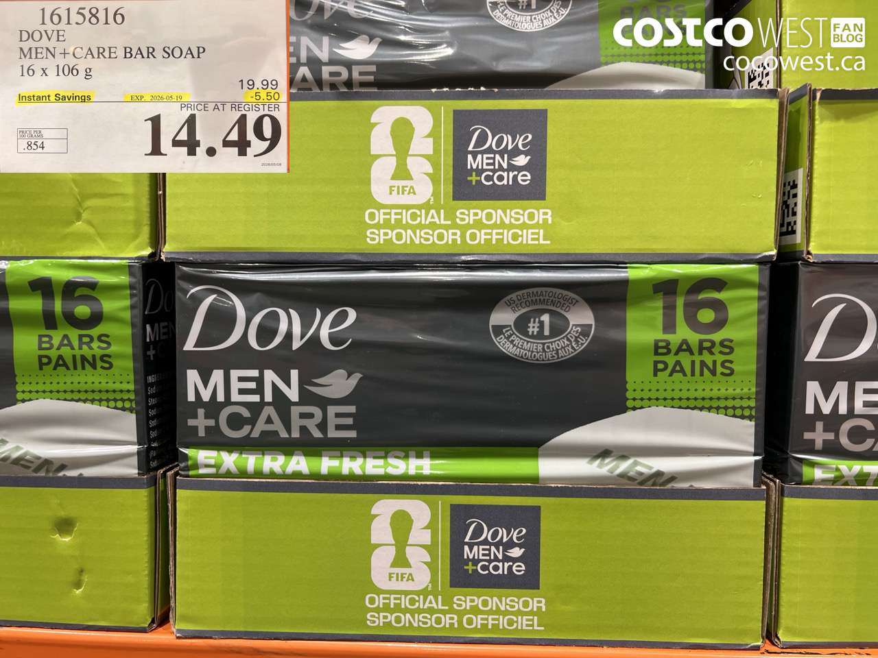 1615816 DOVE MEN + CARE BAR SOAP 16 X 106 G ($5.50 INSTANT SAVINGS EXPIRES ON 2026-05-19) $14.49