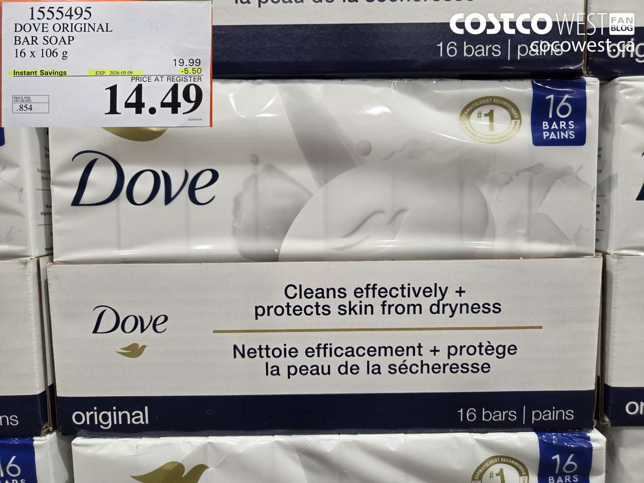 1555495 DOVE ORIGINAL BAR SOAP 16 X 106 G ($5.50 INSTANT SAVINGS EXPIRES ON 2026-05-09) $14.49