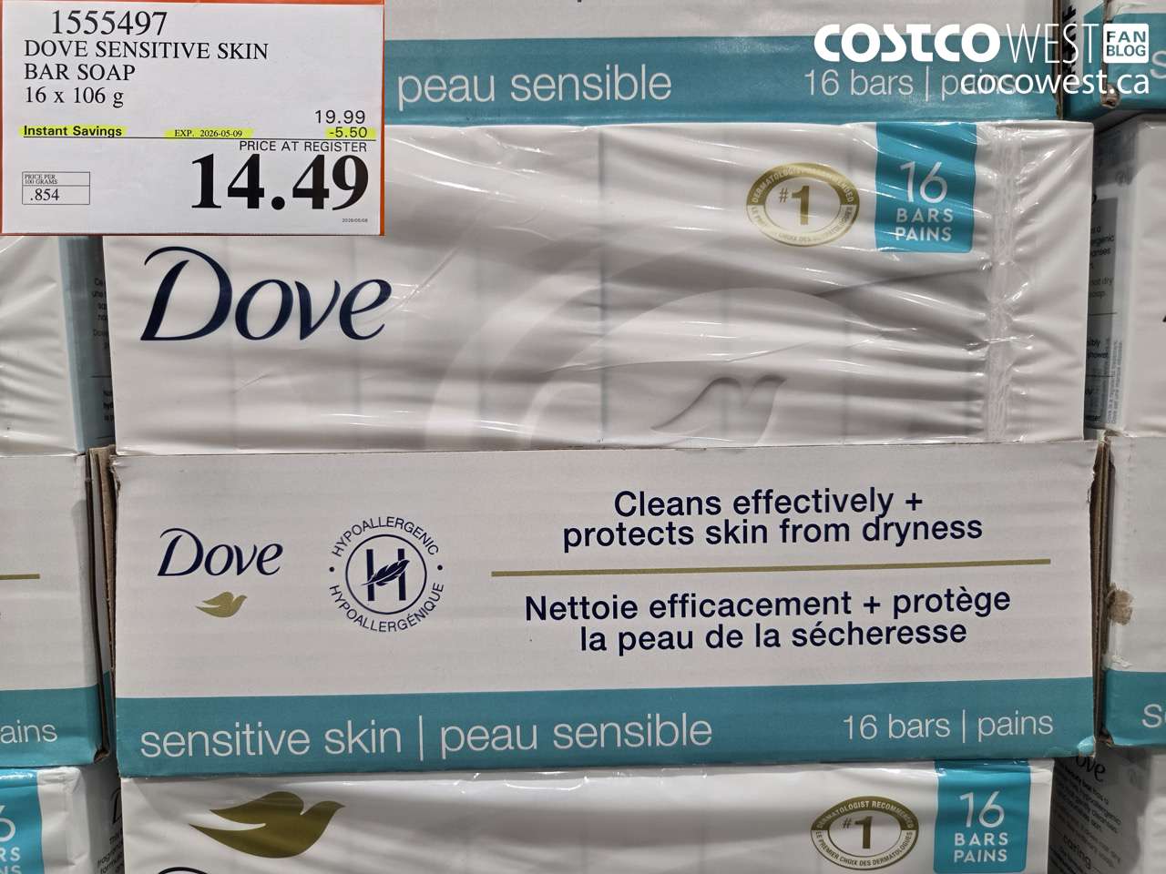 1555497 DOVE SENSITIVE SKIN BAR SOAP 16 X 106 G ($5.50 INSTANT SAVINGS EXPIRES ON 2026-05-09) $14.49