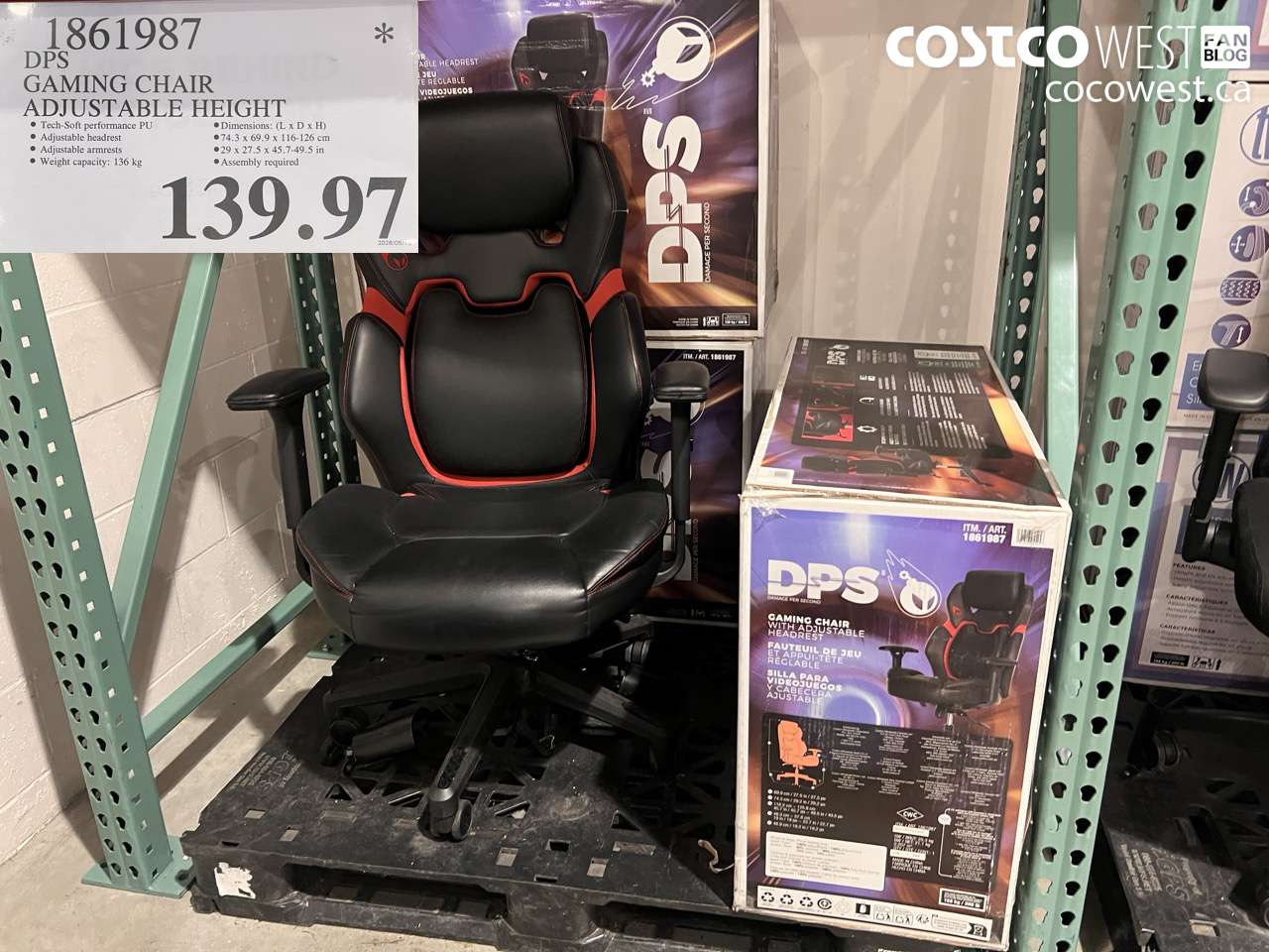 1861987 DPS GAMING CHAIR ADJUSTABLE HEIGHT $139.97