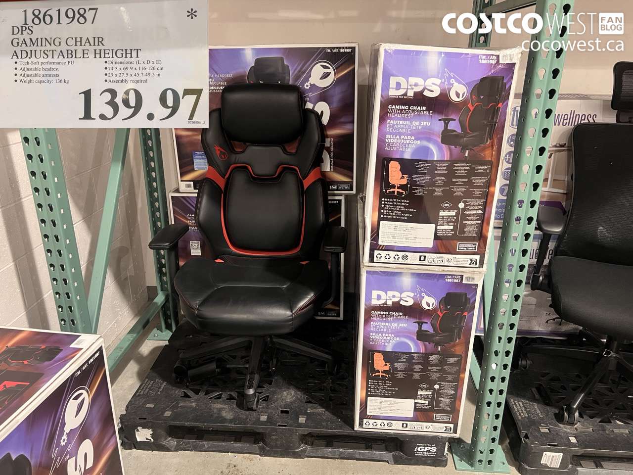 1861987 DPS GAMING CHAIR ADJUSTABLE HEIGHT $139.97