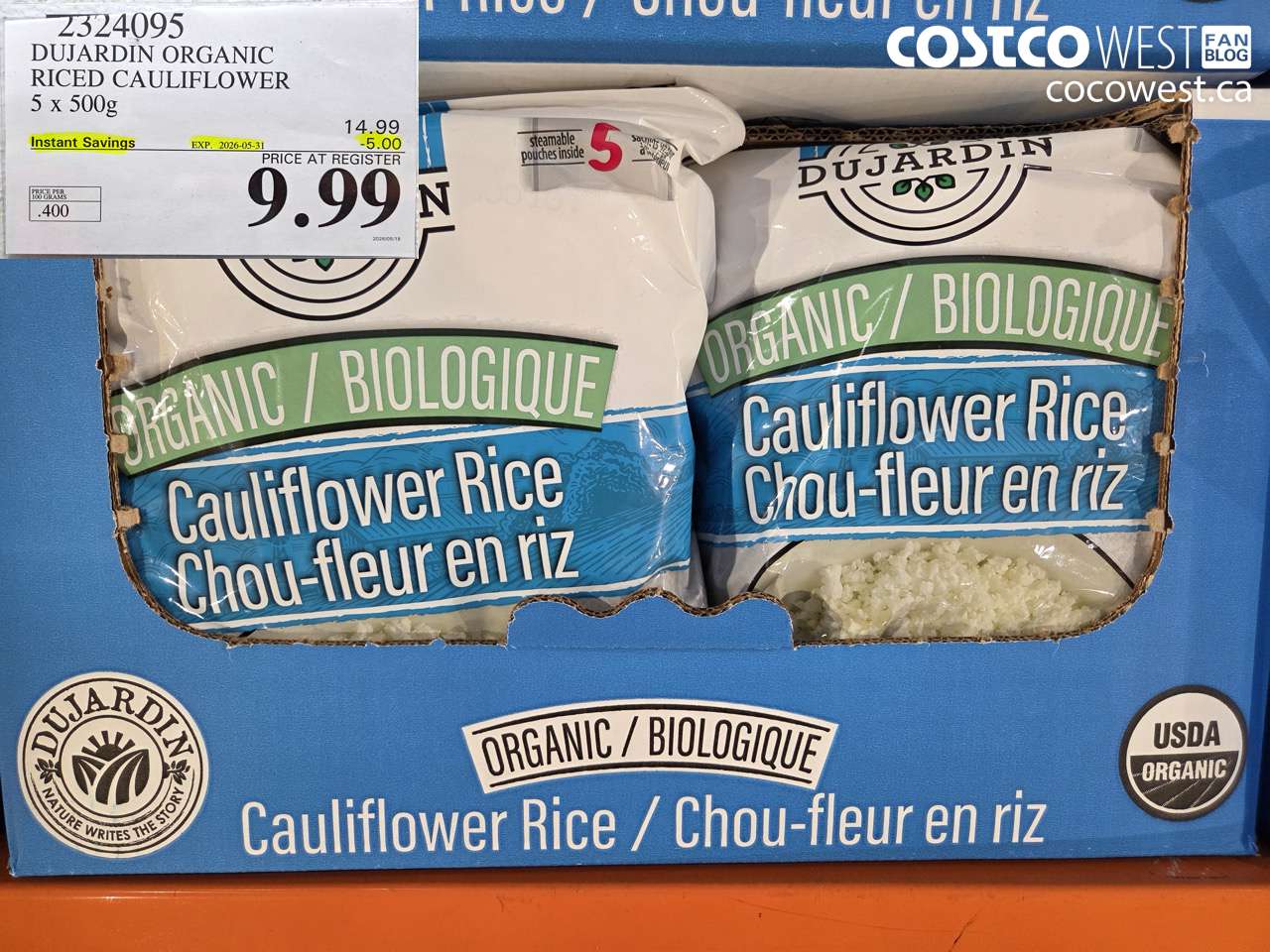 2324095 DUJARDIN ORGANIC RICED CAULIFLOWER 5 X 500G ($5.00 INSTANT SAVINGS EXPIRES ON 2026-05-31) $9.99