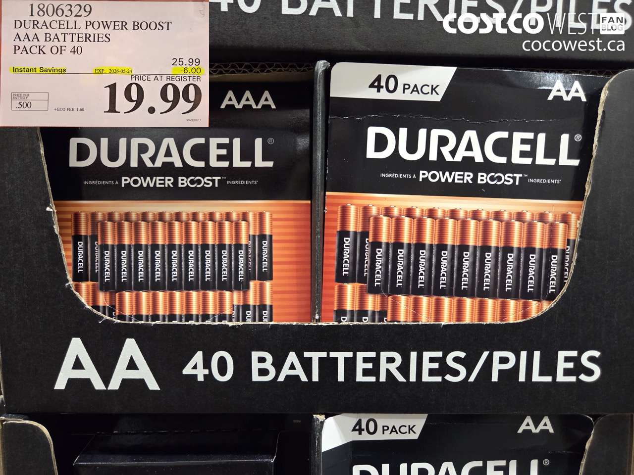 1806329 DURACELL POWER BOOST AAA BATTERIES PACK OF 40 ($6.00 INSTANT SAVINGS EXPIRES ON 2026-05-24) $19.99