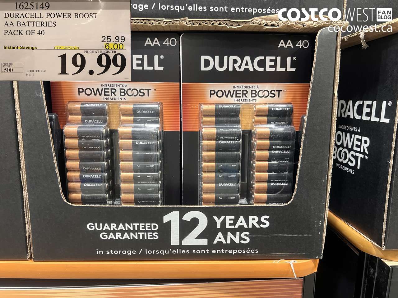 1625149 DURACELL POWER BOOST AA BATTERIES PACK OF 40 ($6.00 INSTANT SAVINGS EXPIRES ON 2026-05-24) $19.99