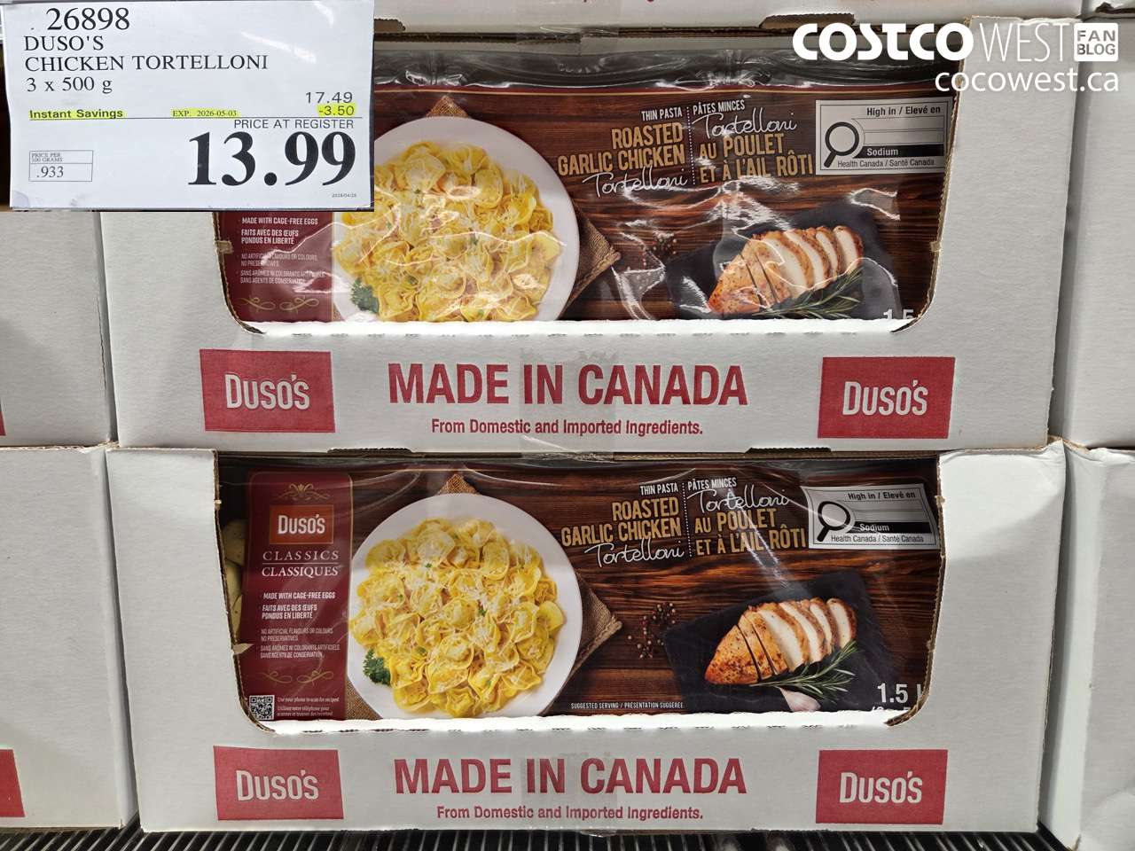 26898 DUSO'S CHICKEN TORTELLONI 3 X 500 G ($3.50 INSTANT SAVINGS EXPIRES ON 2026-05-03) $13.99