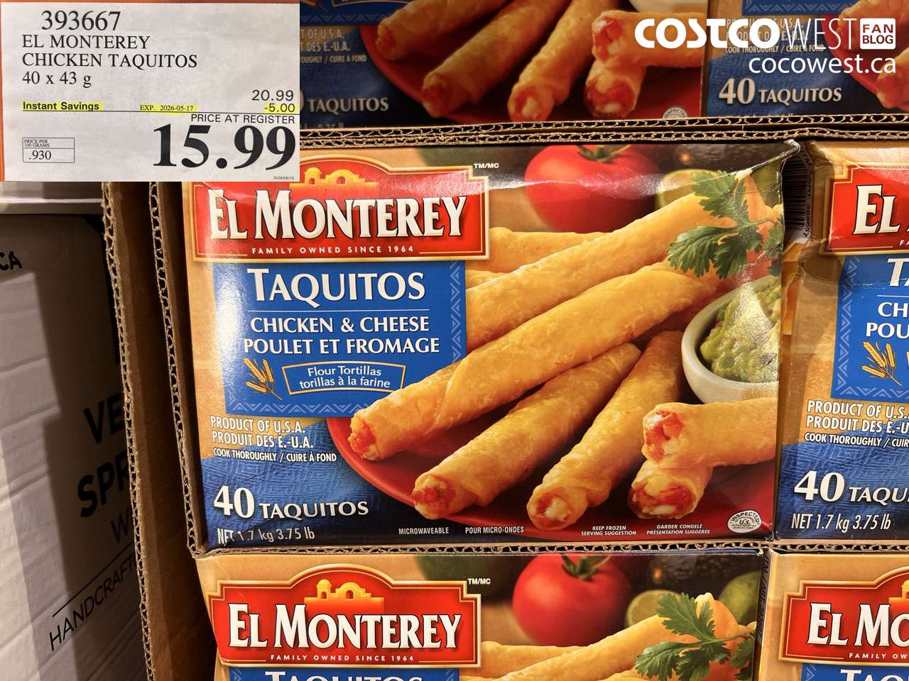 393667 EL MONTEREY CHICKEN TAQUITOS 40 X 43 G ($5.00 INSTANT SAVINGS EXPIRES ON 2026-05-17) $15.99