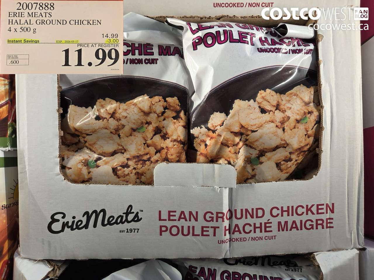 2007888 ERIE MEATS HALAL GROUND CHICKEN 4 X 500 G ($3.00 INSTANT SAVINGS EXPIRES ON 2026-05-17) $11.99