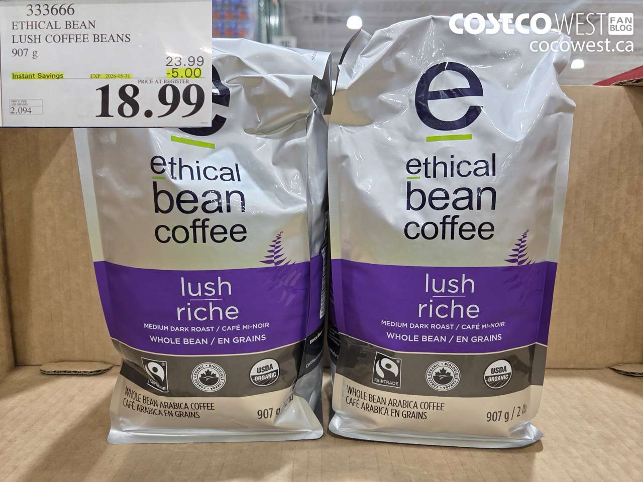 333666 ETHICAL BEAN LUSH COFFEE BEANS 907 G ($5.00 INSTANT SAVINGS EXPIRES ON 2026-05-31) $18.99